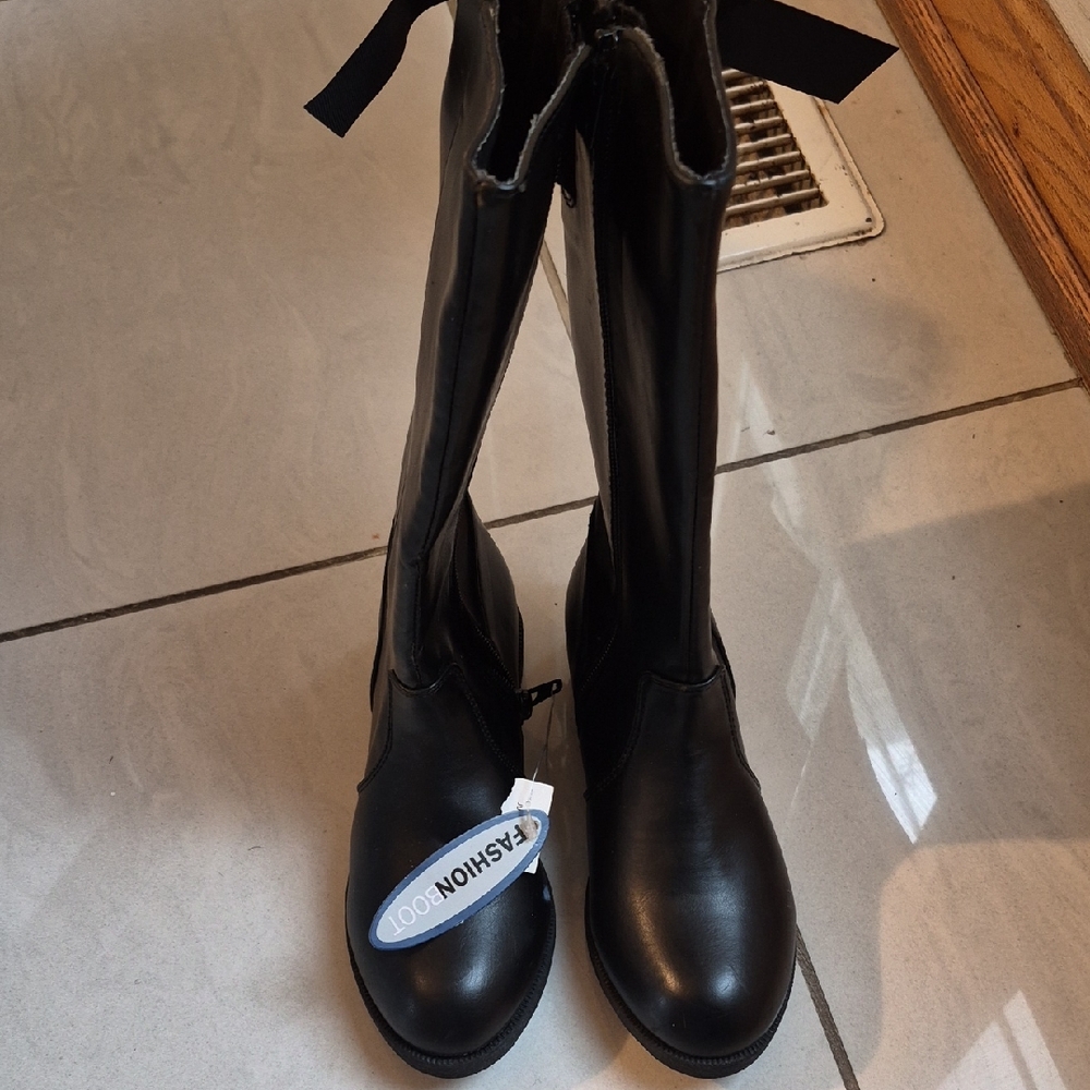 Kids Black Tall Riding Boots with Ribbon Detail